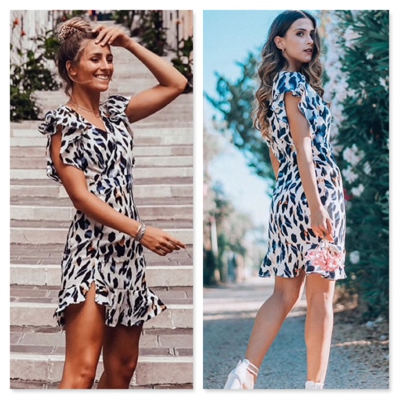 Cheetah Ruffle Detail Surplice V-Neck Mini Dress - Picture 4 of 9